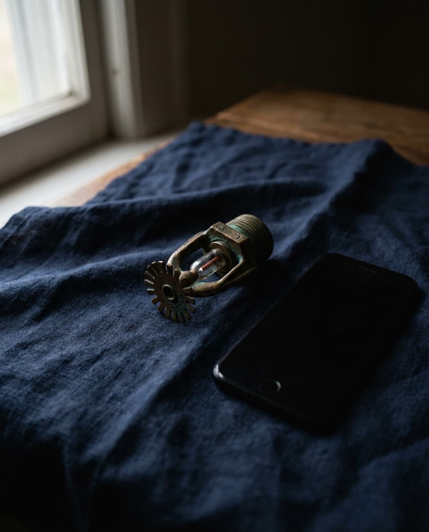 An antique brass sprinkler head beside a phone on navy linen.