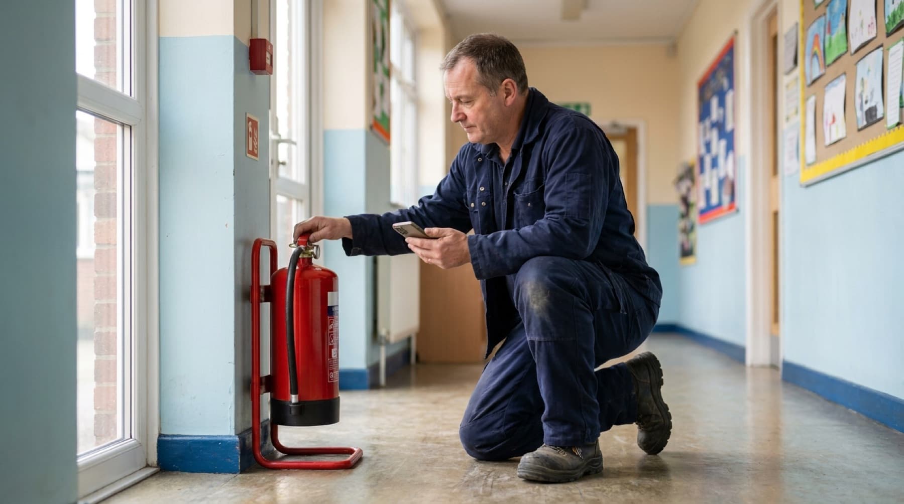 An engineer kneels beside an extinguisher in a school corridor, phone in hand.