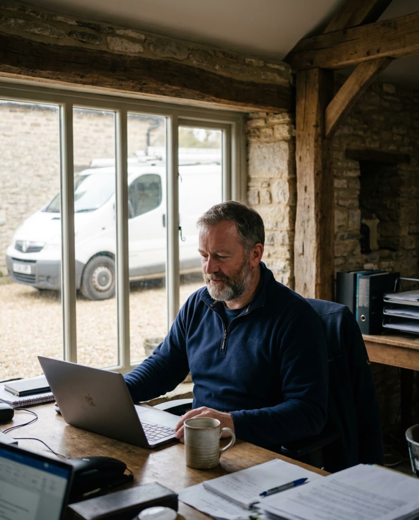 A firm owner at his desk with a laptop and a mug of tea.