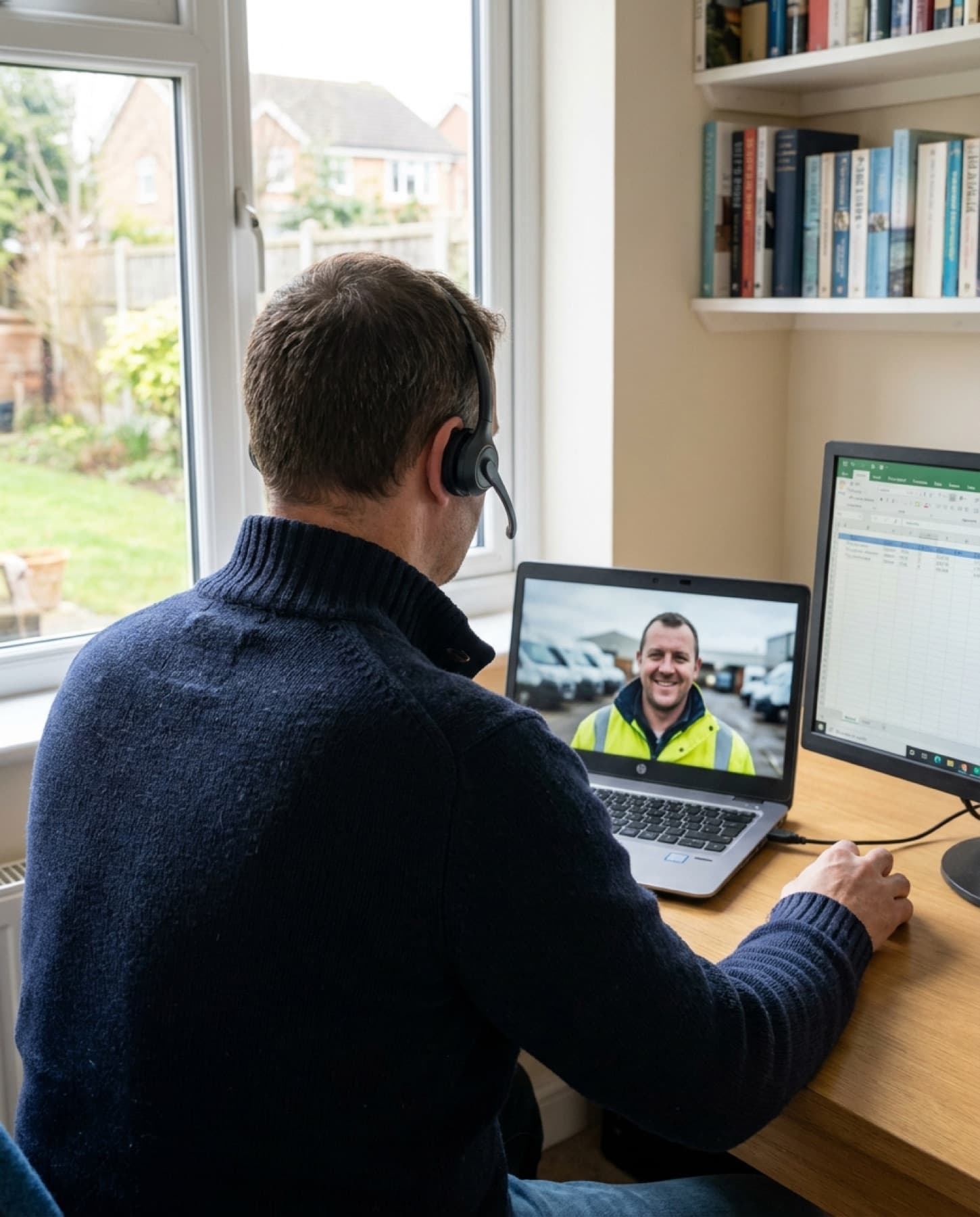 The person who builds Fred on a video call with a firm owner, a spreadsheet on the second screen.