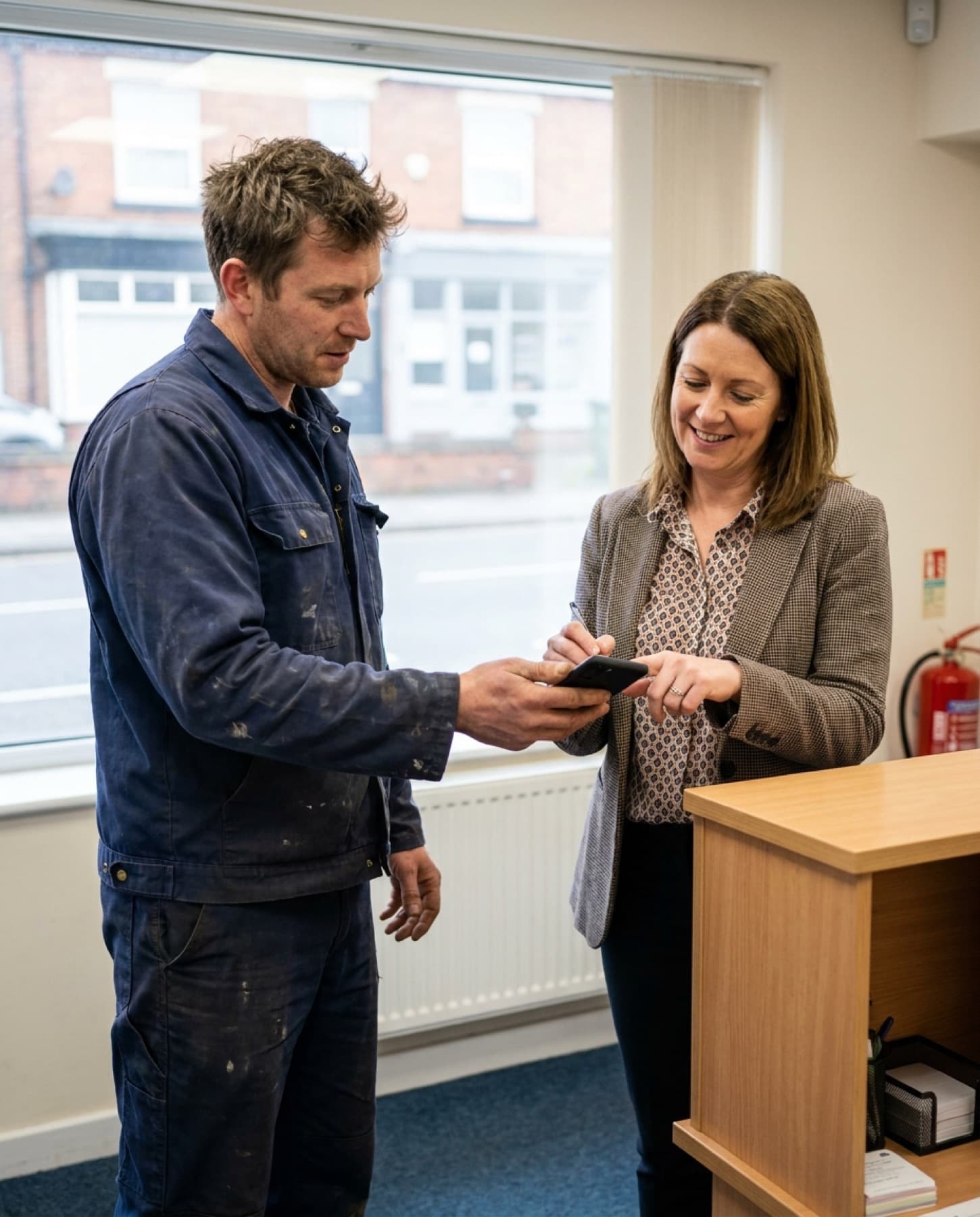 An engineer hands his phone to an office manager, who signs on the screen.